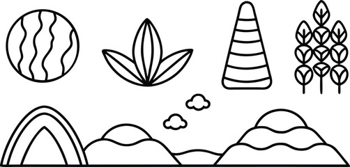 Minimalist Line Art Landscape with Abstract Elements and Nature Icons vector Illustration