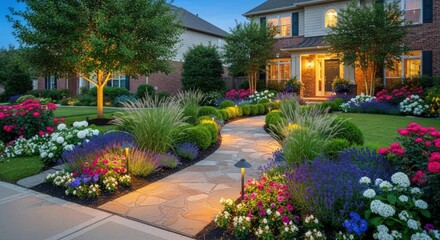 Fototapeta premium Beautifully landscaped garden with illuminated walkway and vibrant flowers at dusk