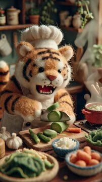 Chef tiger prepares vegetables in kitchen setting with culinary elements