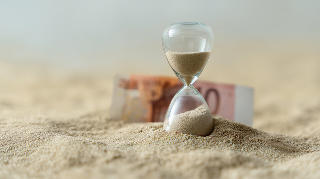 Hourglass, sand, and euro banknote symbolize economic risk, time pressure, and financial uncertainty in conceptual business scenario