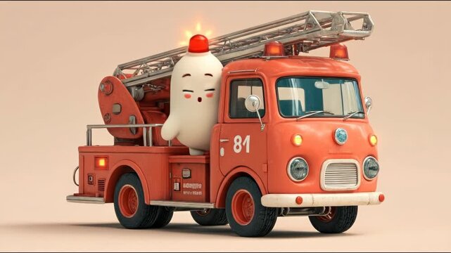 Cartoon fire engine with a startled, glowing-headed blob driver