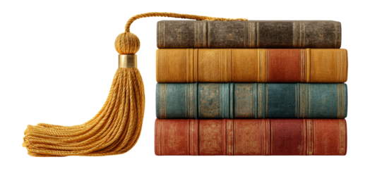 Vintage Stack of Books with Decorative Tassel on Transparent Background