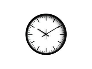 Minimalist white clock face with black hands on a dark background time, Isolated, Png Transparent Background
