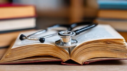 Open book with stethoscope on pages lying on wooden table surrounded by stacked books in blurred background of library or study