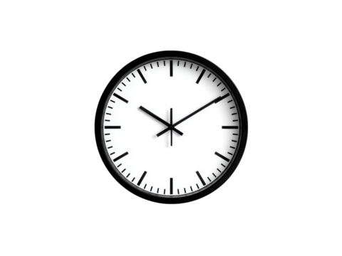 Minimalist white clock face with black hands on a dark background time, Isolated, Png Transparent Background