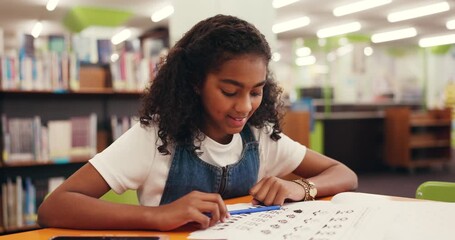 Child, student and writing for education in library with workbook, studying and learning. Girl, elementary school and book for creative assessment, assignment solution and information for knowledge - Powered by Adobe