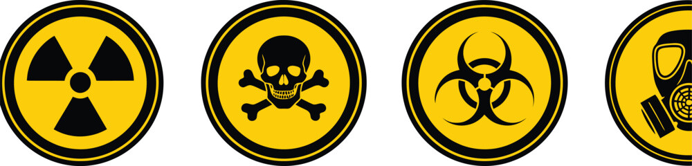 Set of Circular Hazard Icons Depicting Radiation, Poison, Biohazard, and Gas Mask
