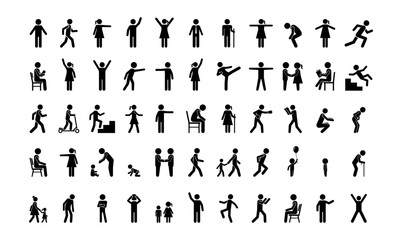 Stickman random poses icons set. Collection of human pictograms showing standing, sitting, running, reading, pointing, kids playing, family, exercise, and daily life activities. Vector illustration.