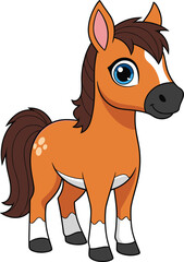 Cartoon horse with light brown body, blue eyes, white blaze, friendly smile, isolated vector illustration for kids and education