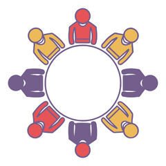 Diverse group of people sitting around a circular meeting table for collaboration 