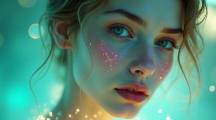 Fototapeta premium A young woman with sparkling freckles and wavy hair gazes intensely, highlighting her striking blue eyes against a dreamy teal background.