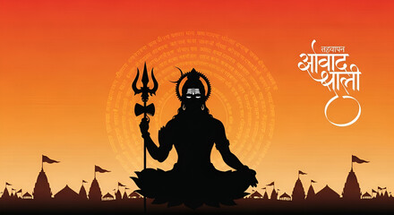 Maha Shivratri’ Hindi calligraphy, Lettering means Lord Shiv Shankar, Himalaya mountain background and Lord Shiva silhouette, Traditional Festival Poster Banner Design Template Vector