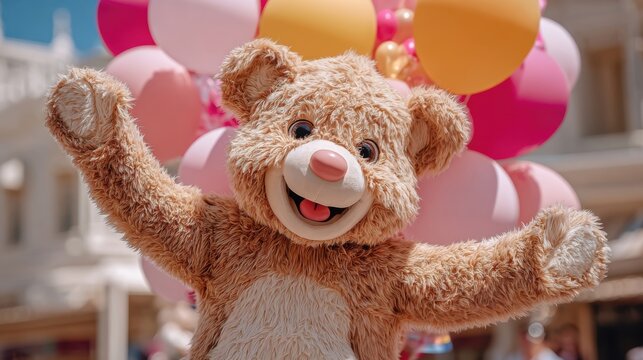 笑顔で腕を広げるクマの着ぐるみ