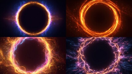 Four swirling energy portals, each with a central black void, showcasing varied color schemes and motion effects
