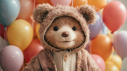 耳付きのフードを被ったクマのぬいぐるみ