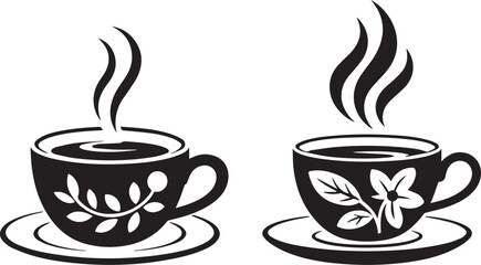 Two black cups of hot steaming coffee or tea with decorative patterns coffee cup tea cup