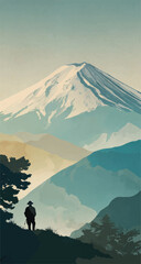 Mount Fuji scenic landscape with traveler looking on with calming blues and browns artwork style