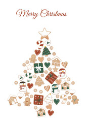 Christmas cookie tree illustration, festive holiday clipart with icing cookie ornaments on transparent background