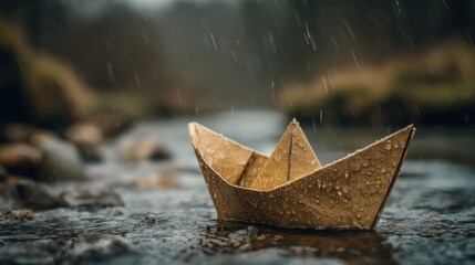 雨の中水に浮かぶおり紙の船