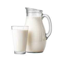 Fresh milk in a glass and jug on a white background
