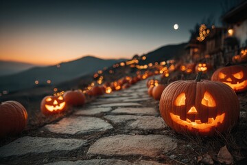 Charming Halloween Trail Adorned with Glowing Jack-O-Lanterns at Dusk with Scenic Mountains and Warm Autumn Lights