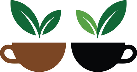 Two stylized coffee cups with green leaves above them tea cup brown