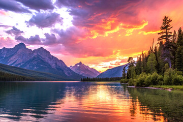 Colorful sunset over mountain lake with dramatic clouds and panoramic view