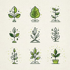 Nine Distinct Green Plant Illustrations Against a Textured Background Representing Growth and Sustainability