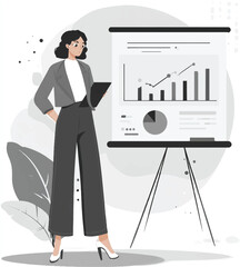 Professional woman presenting business data on whiteboard showing growth and success in monochrome presentation illustration