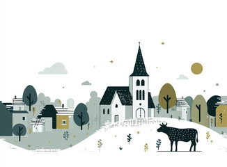 Quaint European Village Scene with Church and Cow in Minimalist Art Style Illustration