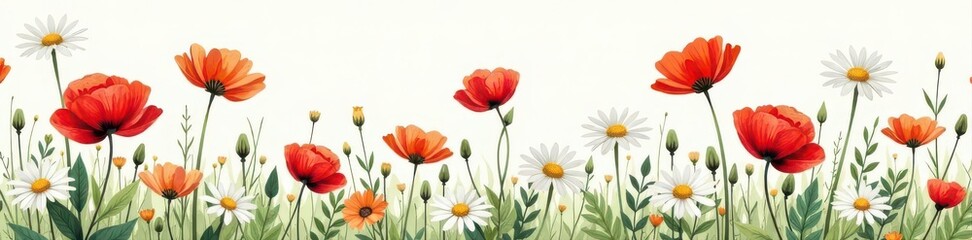 Delicate watercolor wildflower repeat pattern Daisies and red poppies in lush meadow , background, nature