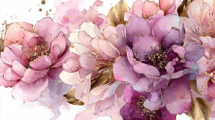 Elegant pink and gold watercolor floral bouquet artwork