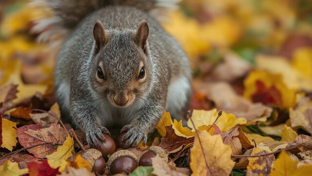 Squirrel's Autumn Feast: A charming squirrel, surrounded by fallen leaves and acorns, enjoys the abundance of autumn, showcasing nature's seasonal bounty.