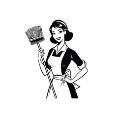 Retro style cleaning lady holding a broom for cleaning service advertisement concept illustration