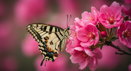 Naklejka premium Vibrant swallowtail butterfly with striped wings on delicate pink spring blossoms, a close-up of nature's beauty.