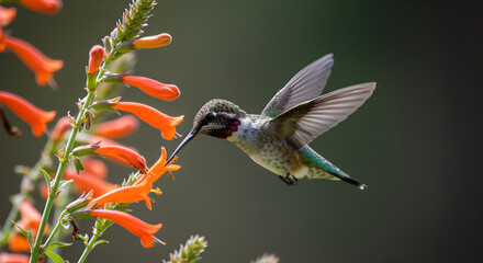 Fototapeta premium Hummingbird feeding on vibrant orange trumpet flowers, a close-up of nature's beauty and pollination in action.