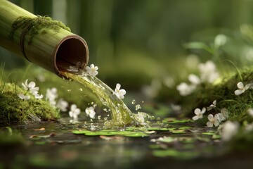 Bamboo Pipe Pouring Fresh Water in Nature with White Flowers