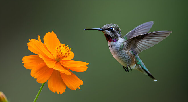 Hummingbird hovering beside a vibrant orange flower, wings blurred in motion, capturing a delicate moment in nature - Powered by Adobe