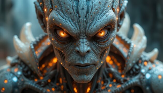 A closeup portrait of a menacing alien with glowing orange eyes, revealing intricate details of its skin and otherworldly armor