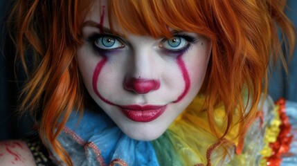 Obraz premium Halloween concept makeup. Creepy clown with vibrant hair and dramatic makeup.