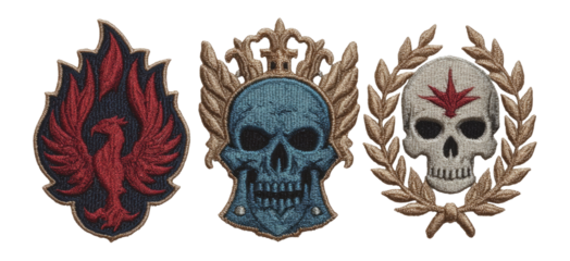 Detailed Collection of Unique Emblematic Patches Featuring Skull and Phoenix Designs