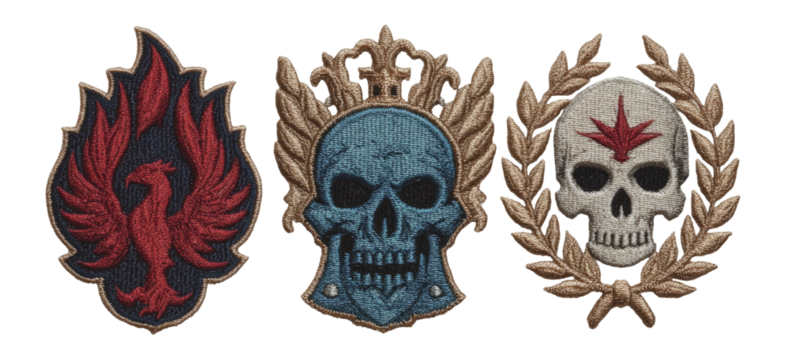 Detailed Collection of Unique Emblematic Patches Featuring Skull and Phoenix Designs