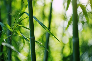 Fresh Green Bamboo Leaves with Water Droplets in Forest