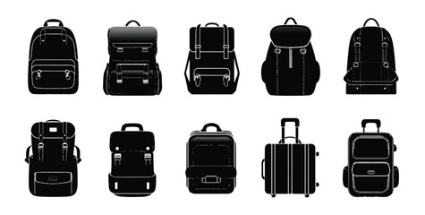 Set of various types of backpacks and suitcases in black silhouette on white background for travel needs and education