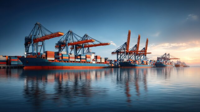 Cargo ships loading containers at a busy industrial port during sunset with vibrant colors and calm water reflections - Powered by Adobe