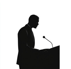 Silhouette of a businessman giving a speech at a podium with a microphone against a white background