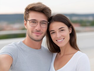 Obraz premium Young couple smiling together, enjoying a sunny day outdoors, capturing a joyful moment with a selfie, showcasing happiness and connection in a vibrant atmosphere