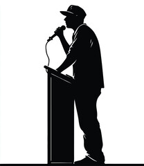 Silhouette of a male speaker at a podium giving a speech with microphone illustration