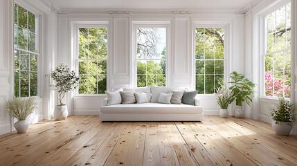 Fototapeta premium Bright, spacious living room evokes calm with natural light.