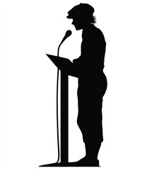 Silhouette of a man giving a speech at a podium with microphone reading notes public speaking event concept